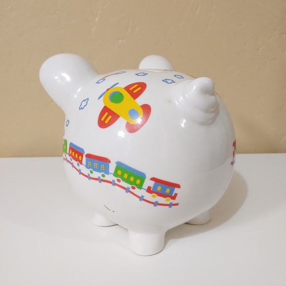Ceramic white with trains kids piggy bank - Picture 3 of 7